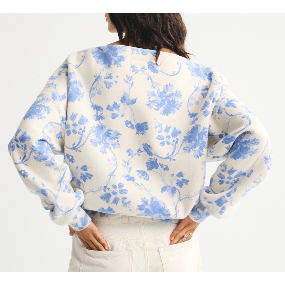Abercrombie & Fitch Fleece Sweatshirt Sunday Slash Floral White Blue Small - Picture 2 of 9
